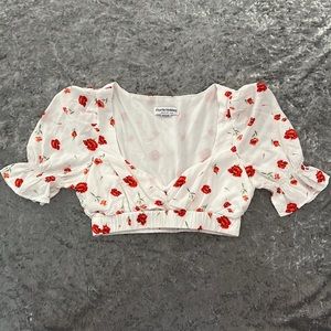 Charlie Holiday White Floral Puff Sleeve Crop Top Size L